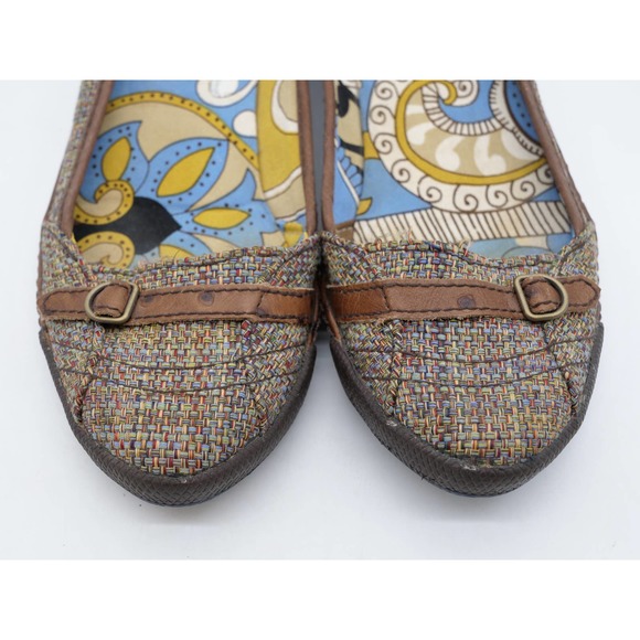 PF Flyers Pumps Womens 8 Low Wedge Brown Fabric Uppers Quill Leather Slip On - Picture 6 of 12